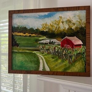 Original Signed Farm Landscape Painting Framed Canvas Red Barn Textured Wall Art